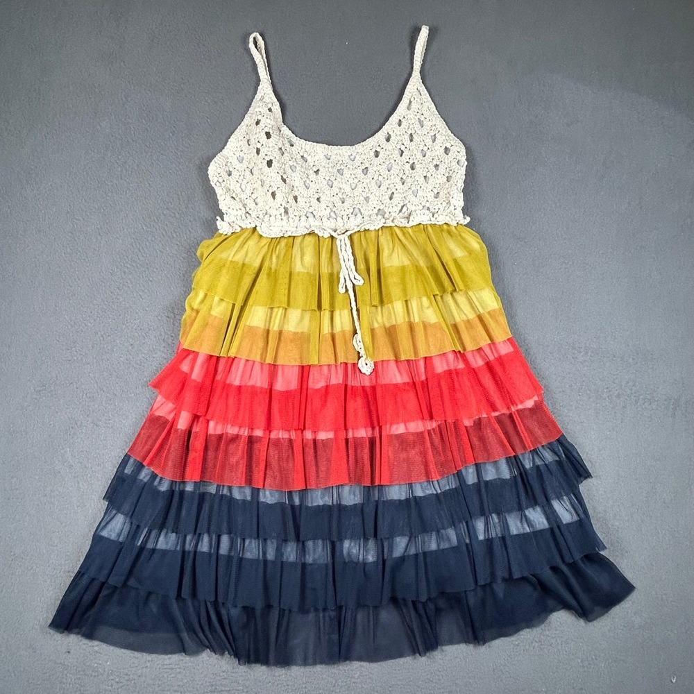 Unbranded Tiered Ruffle Dress Womens Medium Multicolor Crochet Boho Mini Dress